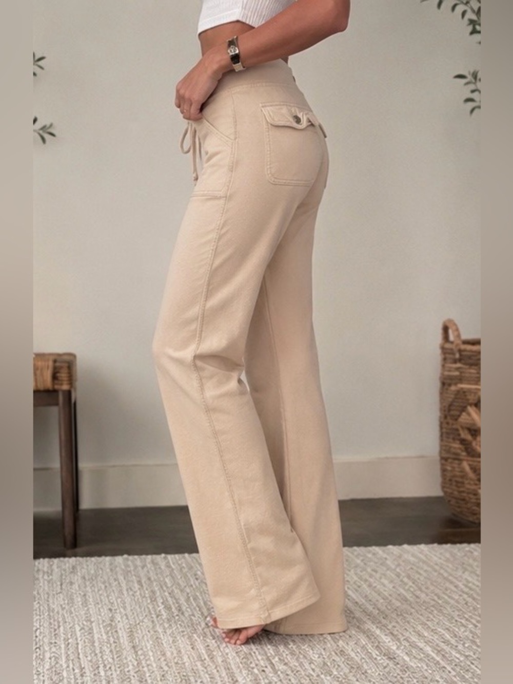 Twisted Heart 100% Cotton Flare Bottom Lounge Pants Small Cream Beige Y2K Casual - Picture 2 of 10